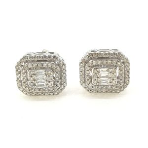 Contemporary 1ct Baguette and Brilliant Cut Diamond Cluster Stud Earrings