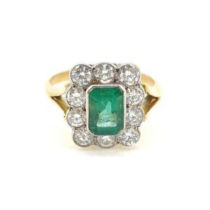 1ct Emerald and Diamond Floral Cluster Ring in 18ct Yellow Gold