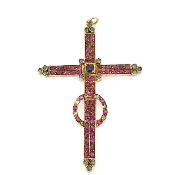 Victorian Antique Ruby Cross Pendant with Rose Cut Diamonds