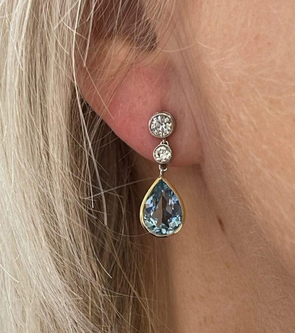 3.25ct Pear Cut Aquamarine and Diamond Drop Earrings