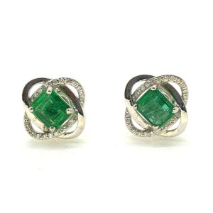 Contemporary Emerald and Diamond Criss Cross Cluster Stud Earrings