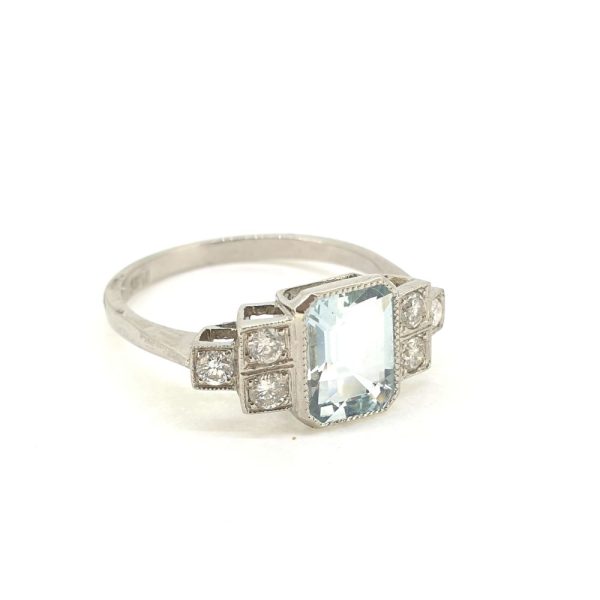 1.30ct Emerald Cut Aquamarine and Diamond Engagement Ring in Platinum