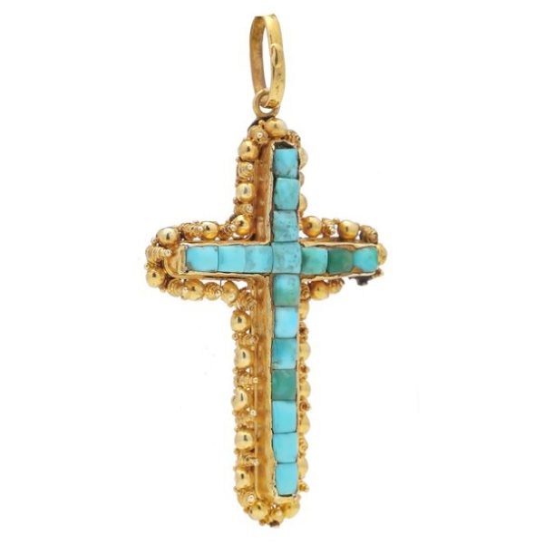 Antique Etruscan Revival Turquoise and 20ct Gold Cross Pendant