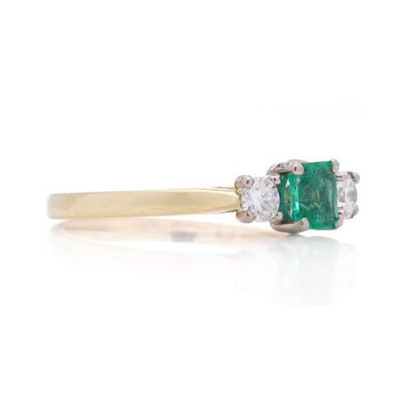 0.55ct Square Cut Emerald and Diamond Three Stone Engagement Ring