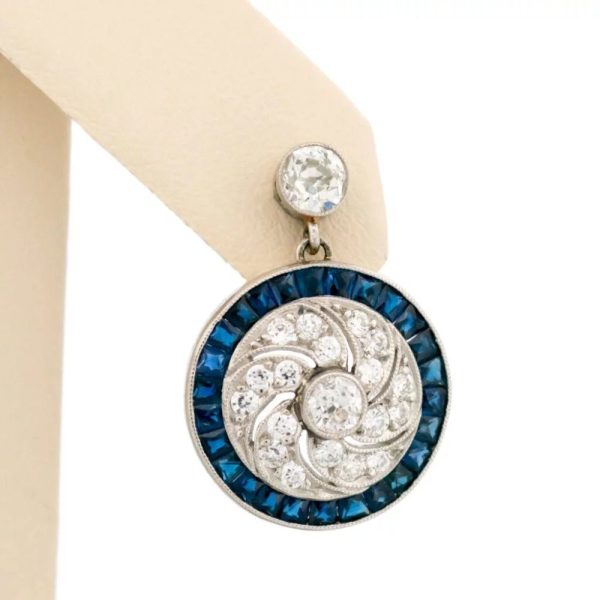 Art Deco Style 1ct Old Mine Cut Diamond and Sapphire Cluster Drop Earrings in Platinum