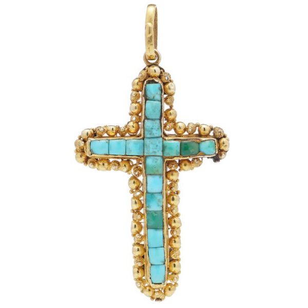 Antique Etruscan Revival Turquoise and 20ct Gold Cross Pendant