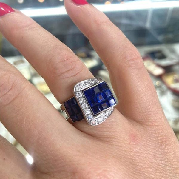 Art Deco French Sapphire and Diamond Buckle Ring in Platinum