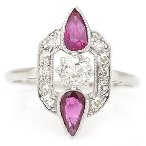 Art Deco Pear Cut Ruby and Old Cut Diamond Dress Ring
