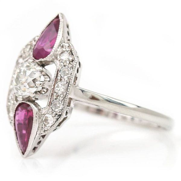 Art Deco 0.40ct Old Cut Diamond and Pear Cut Ruby Ring