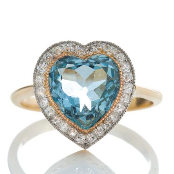 Edwardian Antique 6ct Aquamarine and Diamond Heart Cluster Ring