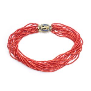 Multi Strand Coral Bead Necklace with Gold Egyptian Revival Clasp