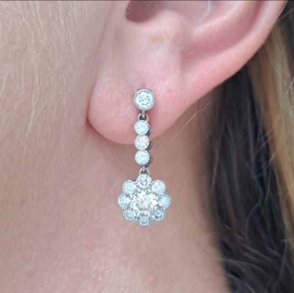 Vintage Diamond Cluster Drop Earrings, 2.10 carat total