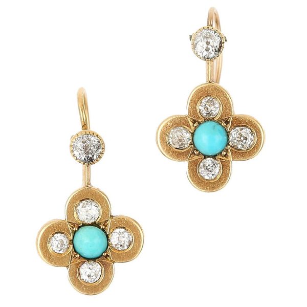 Victorian Antique Old Cut Diamond and Turquoise Quatrefoil Cluster Drop Earrings