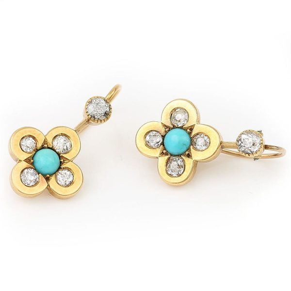 Victorian Antique Cabochon Turquoise and Old Cut Diamond Quatrefoil Cluster Drop Earrings in 18ct Yellow Gold