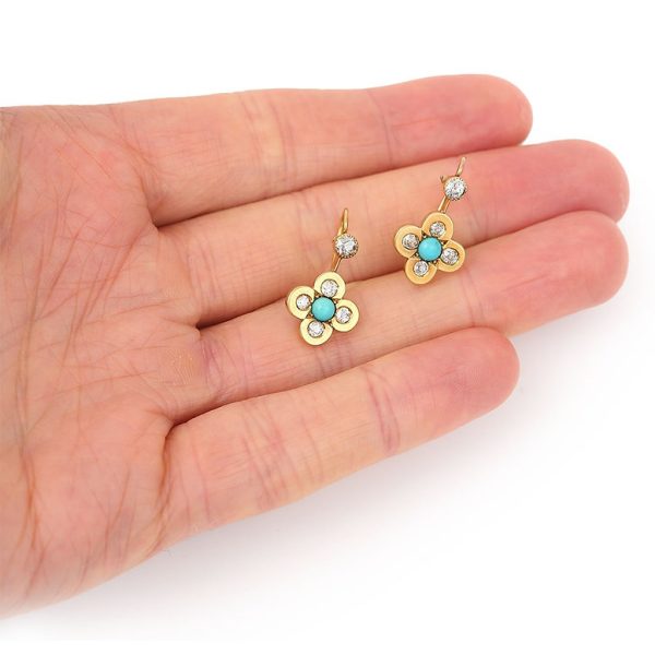 Antique Victorian 0.60ct Old Cut Diamond and Cabochon Turquoise Quatrefoil Cluster Drop Earrings in 18ct Yellow Gold