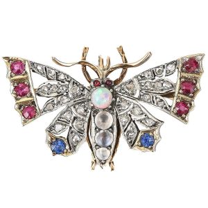 Antique Opal Moonstone Ruby Sapphire Diamond Butterfly Brooch