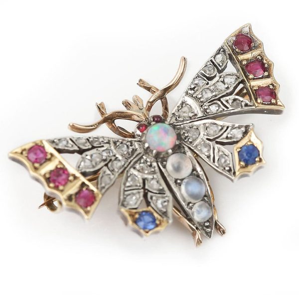 Victorian Antique Opal Moonstone Ruby Sapphire Diamond Butterfly Brooch