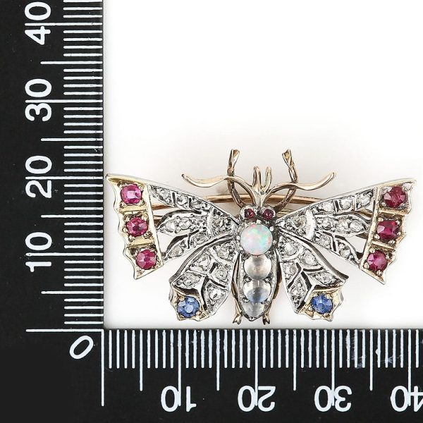 Victorian Antique Opal Moonstone Ruby Sapphire Diamond Butterfly Brooch