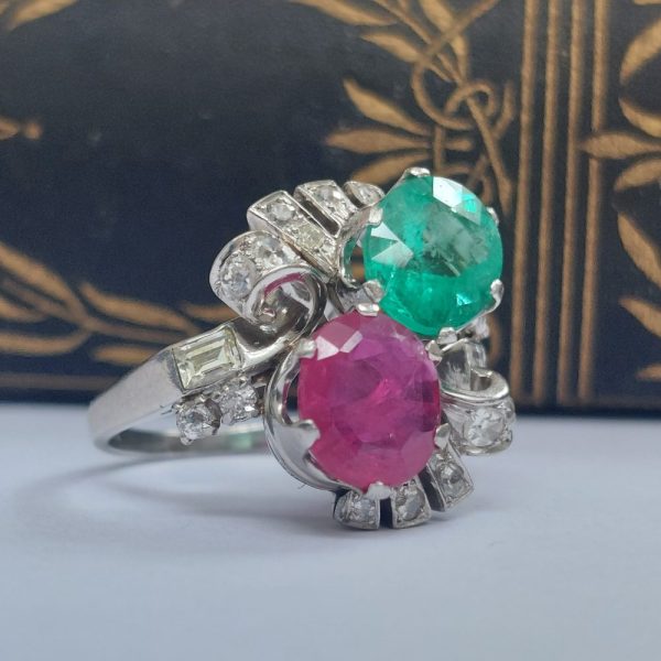 Vintage Emerald and Ruby Crossover Ring with Diamond Set Shoulders