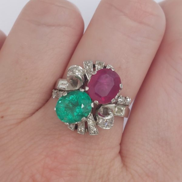 Vintage Emerald and Ruby Crossover Ring with Diamond Set Shoulders