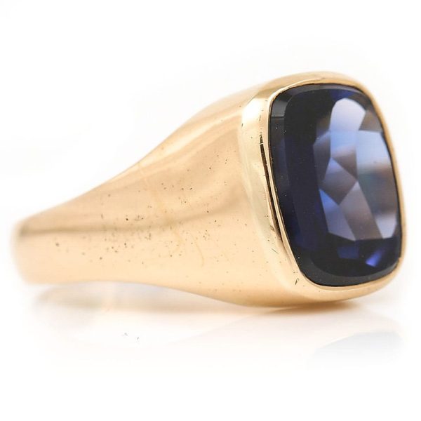 Vintage Synthetic Sapphire and 14ct Yellow Gold Mens Signet Ring