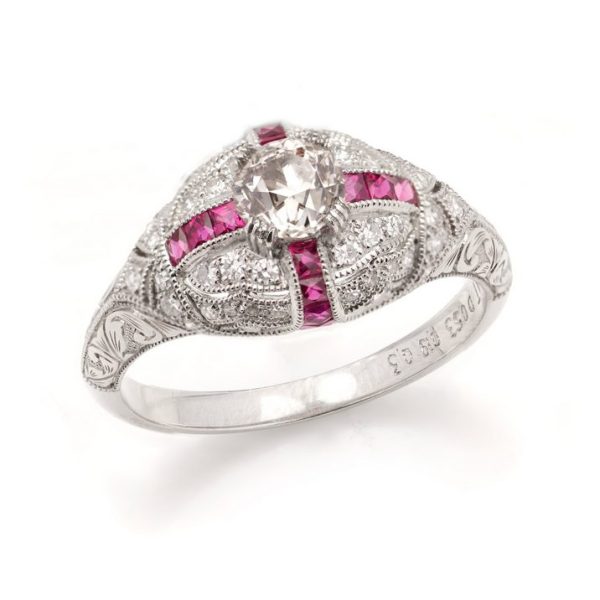 0.53ct Old European Cut Diamond and Ruby Cluster Ring
