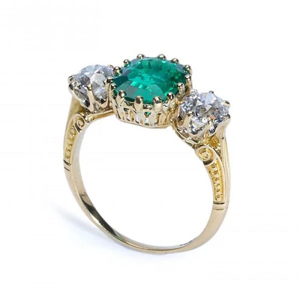 Antique Certified 2.66ct Colombian Emerald and Diamond Three Stone Engagement Ring