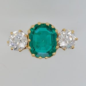 Certified Colombian Emerald and Diamond Three Stone Ring