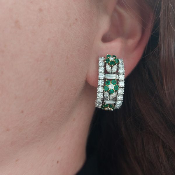 Emerald and diamond hoop half earrings
