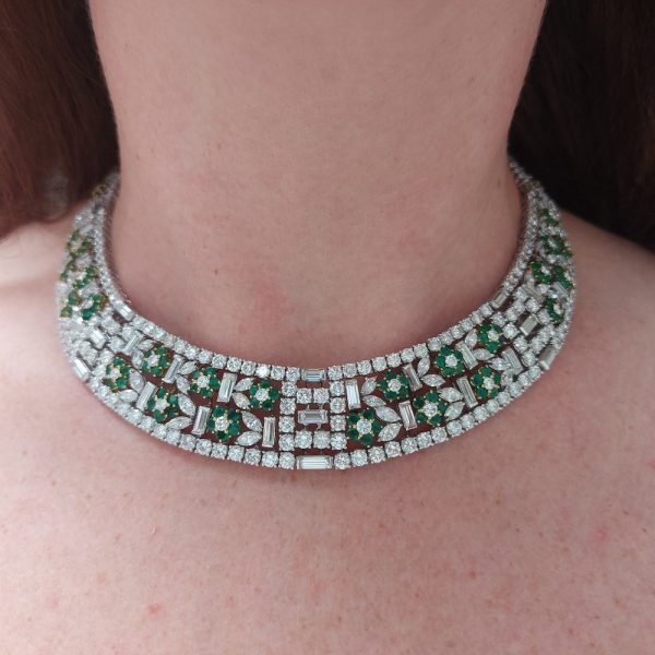 Emerald and diamond collar necklace 18ct white gold Fine Jewellery London