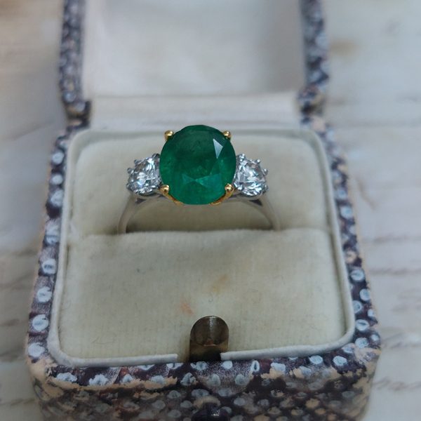 2.44ct Oval Emerald and Diamond Trilogy Engagement Ring