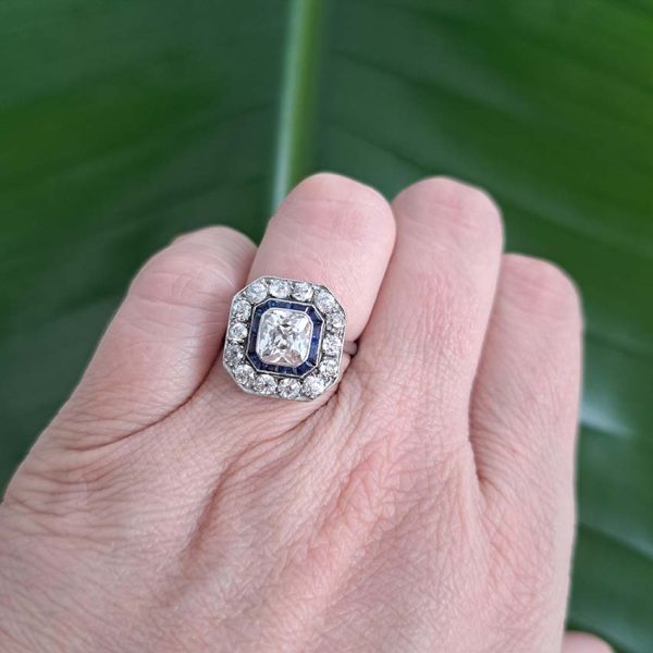 1.60ct Old Mine Cut Diamond and Sapphire Cluster Ring