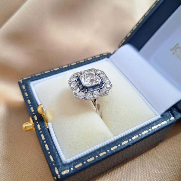 1.60ct Old Mine Cut Diamond and Sapphire Cluster Ring