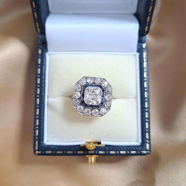 1.60ct Old Mine Cut Diamond and Sapphire Cluster Ring