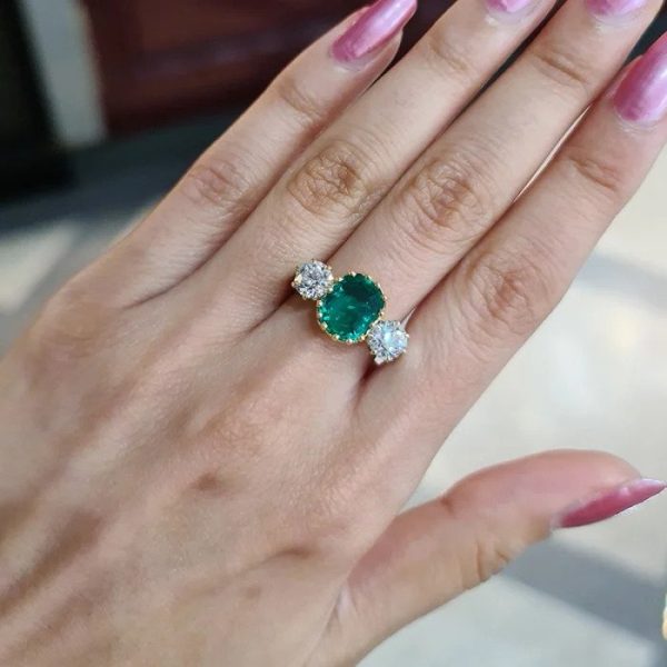 Antique Certified 2.66ct Colombian Emerald and Diamond Three Stone Engagement Ring