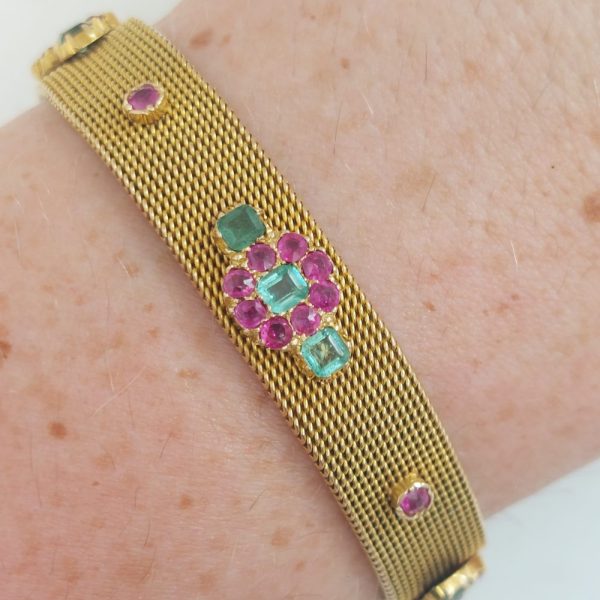Antique Victorian Emerald and Ruby Gold Mesh Bracelet