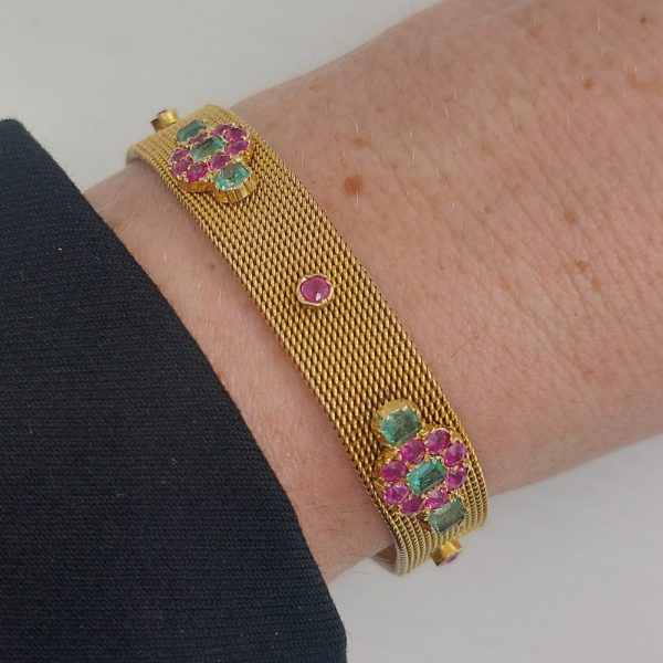 Antique Victorian Emerald and Ruby Gold Mesh Bracelet