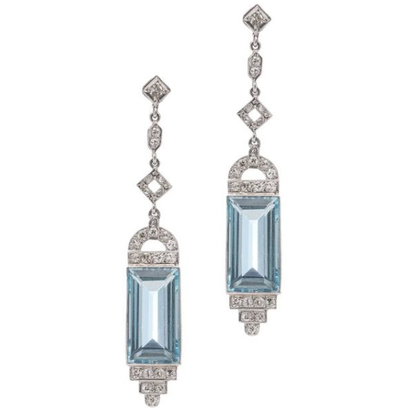 Art Deco 22ct Aquamarine and Old Cut Diamond Drop Earrings