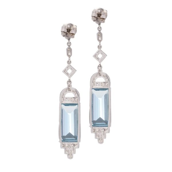Art Deco Aquamarine and Old Cut Diamond Drop Earrings, 22 carats