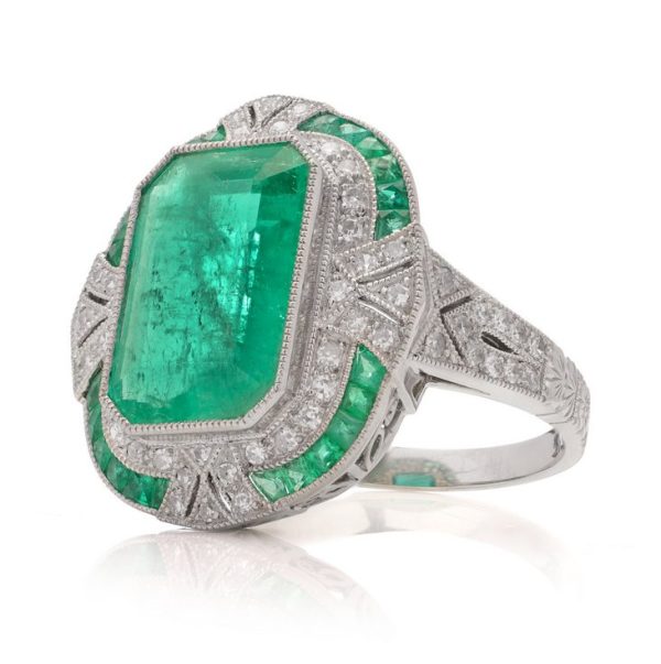 Art Deco Inspired 4.21ct Emerald and Diamond Cluster Ring