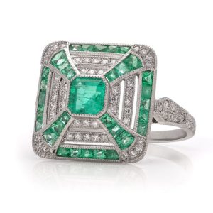 Art Deco Inspired Emerald and Diamond Cluster Ring