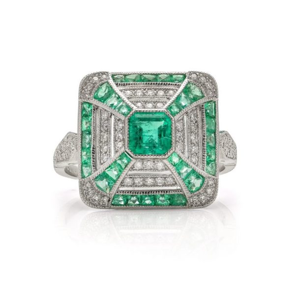 Art Deco Inspired Emerald and Diamond Cluster Ring