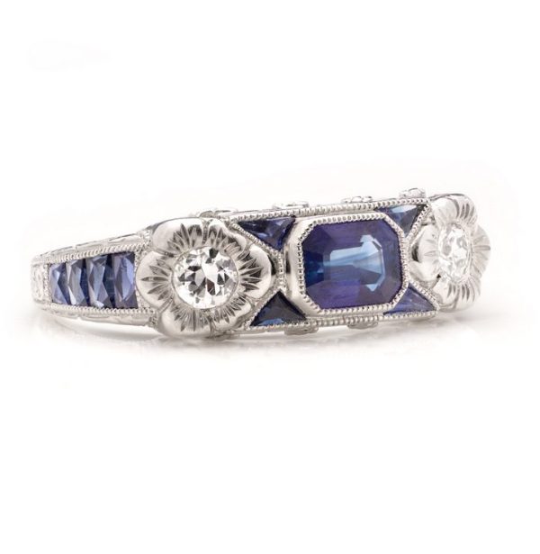 Sapphire and Diamond Floral Three Stone Ring