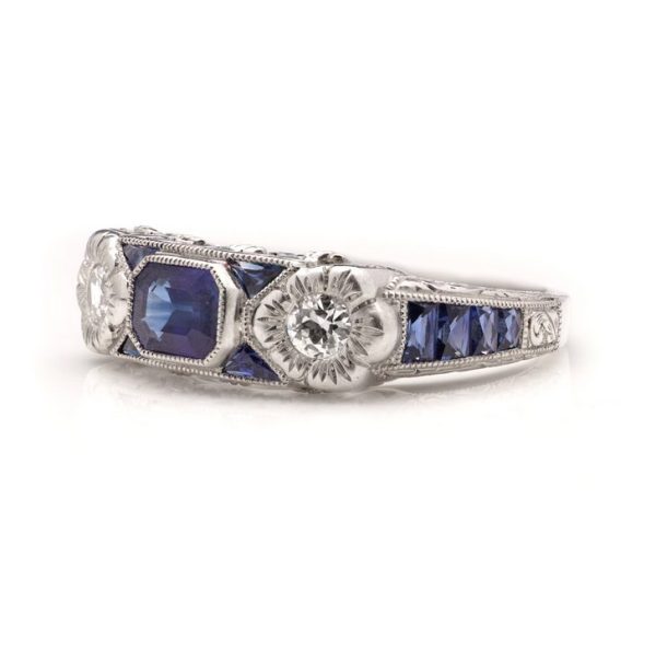 Sapphire and Diamond Floral Three Stone Ring