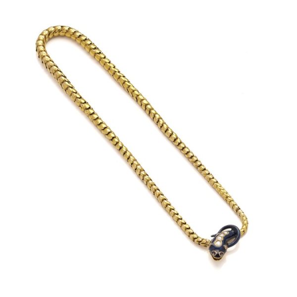 Victorian Antique 20ct Yellow Gold and Blue Enamel Snake Necklace with Rose Cut Diamonds, Circa 1860s
