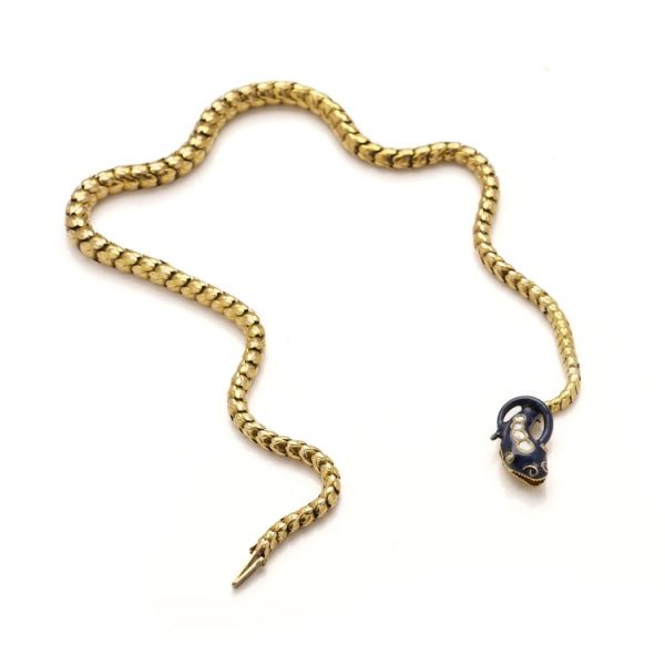Victorian Antique 20ct Yellow Gold and Blue Enamel Snake Necklace with Rose Cut Diamonds, Circa 1860s