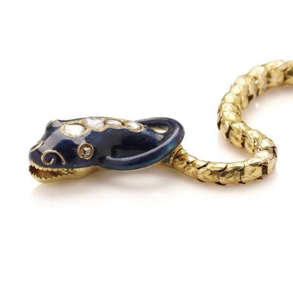 Victorian Antique Blue Enamel, Rose Cut Diamond and 20ct Yellow Gold Snake Necklace, Circa 1860s