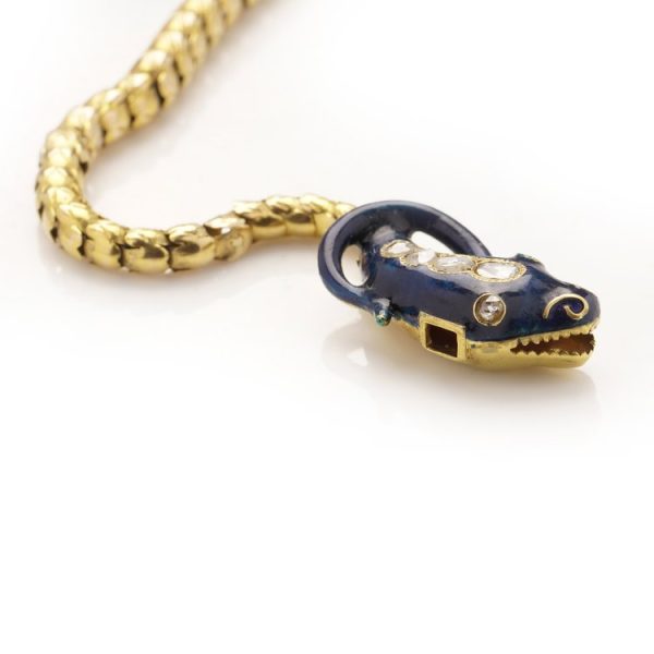 Antique Victorian Blue Enamel, Rose Cut Diamond and 20ct Yellow Gold Snake Necklace, Circa 1860s