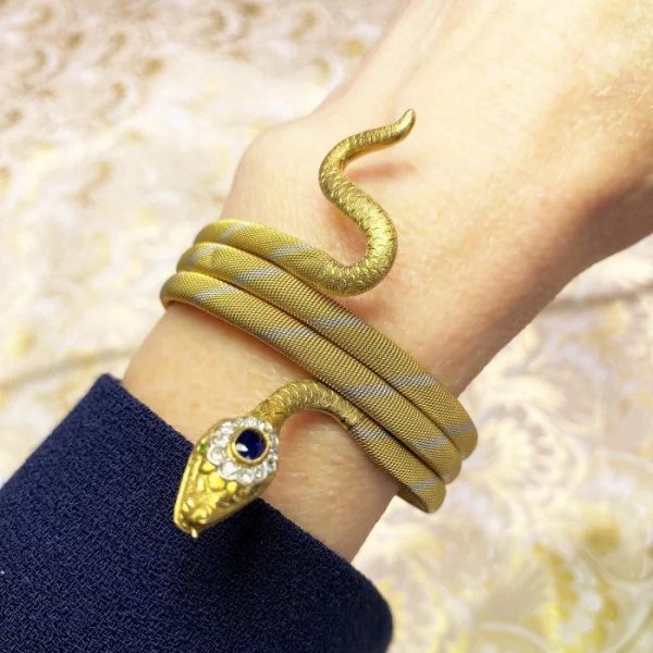 Vintage Bi Colour Gold Snake Bangle Bracelet with Sapphire and Diamond Cluster Head and Demantoid Garnet Eyes