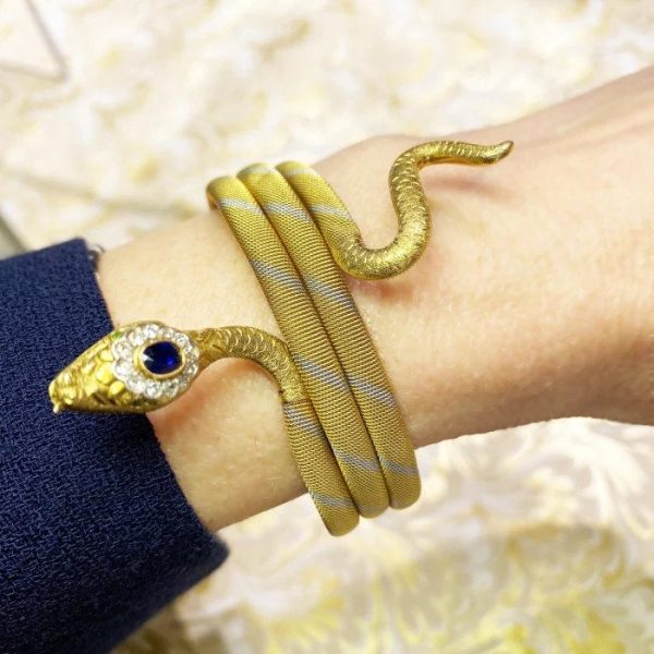 Vintage Bi Colour Gold Snake Bangle Bracelet with Sapphire and Diamond Cluster Head